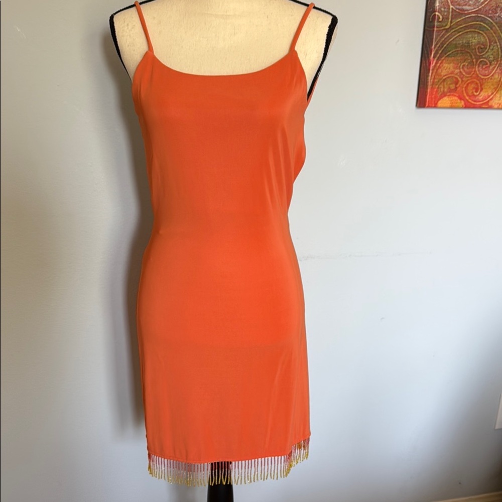 Orange Slip Dress with Beaded Fringe Hem